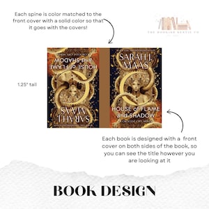 May include: Two books with matching spines, each 1.25 inches tall, featuring the title "House of Flame and Shadow" by Sarah J. Maas. The covers have a gold and dark blue design. The text "Book Design" is at the bottom.