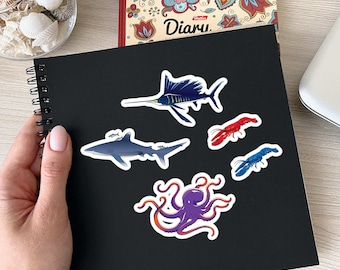 Aquatic Animal Sticker Sheet – Octopus, Shark, Sailfin, Blue Lobster & Exclusive Red Lobster Bonus