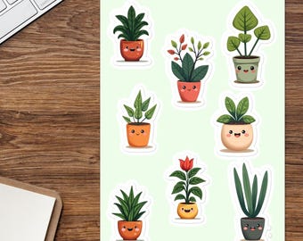 Cute Smiling Houseplants Vinyl Sticker Sheet – Adorable Potted Plant Stickers for Journals, Planners & Gifts