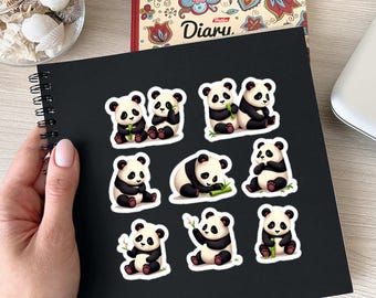 May include: A sheet of black paper with nine panda bear stickers. The stickers feature pandas in various poses, including holding bamboo, sitting, and standing. The stickers are perfect for adding a touch of cuteness to laptops, water bottles, or journals.