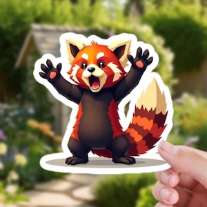 Bonita pegatina de panda rojo de baja poligonización: panda rojo sorprendido levantando las manos, generado por IA
