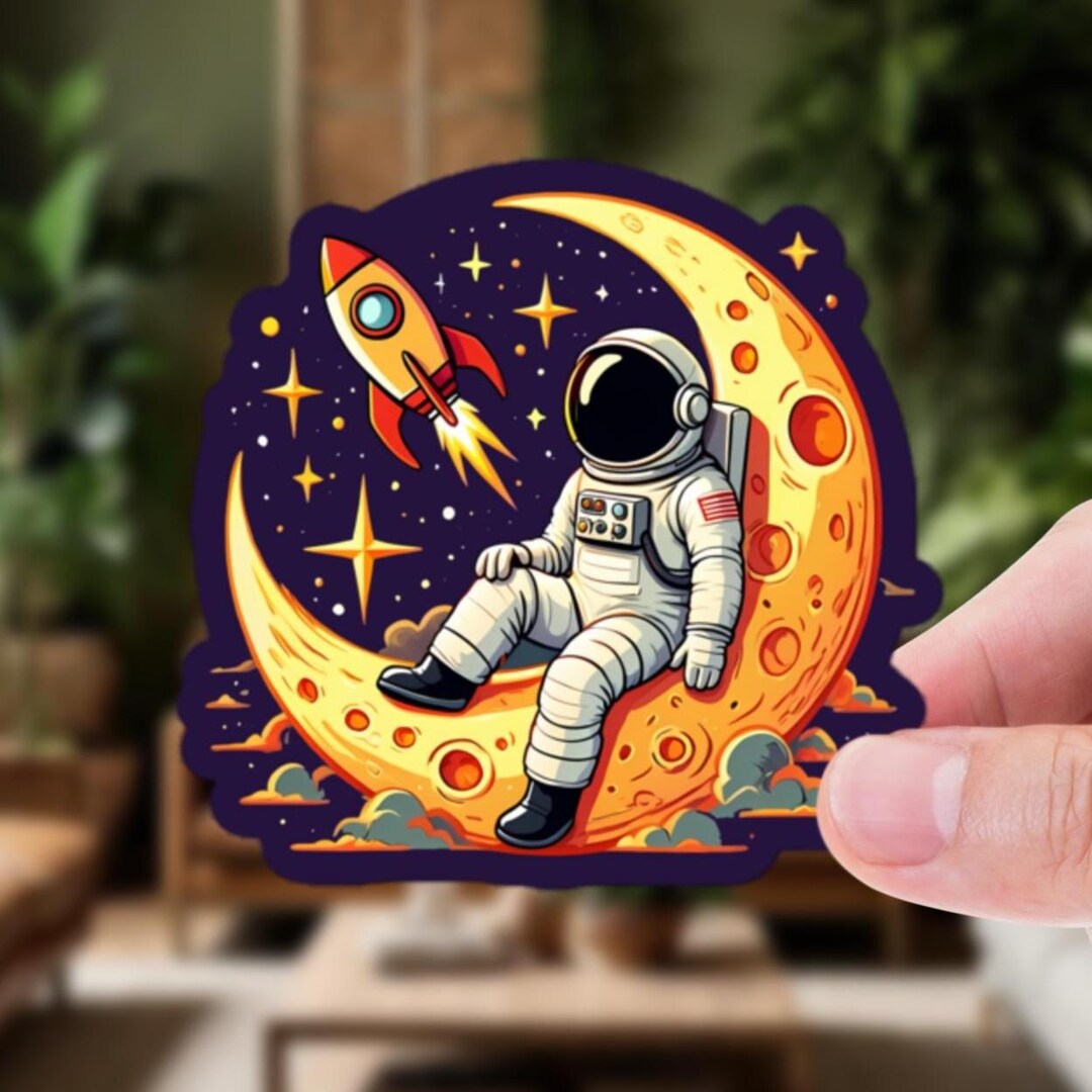 Relaxed Astronaut Moon Sticker – Cosmic Space Cartoon Vinyl Decal ...
