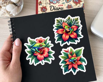 Green Tree Frog on Red Jungle Flower Sticker Sheet – AI-Generated Nature-Inspired Art