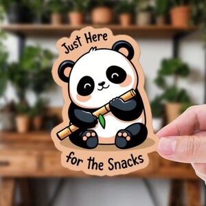Just Here for the Snacks – schattige panda-vinylsticker | Grappige cartoon dierensticker voor fijnproevers en liefhebbers van snacks