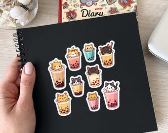 Cute Boba Tea & Kittens Sticker Sheet – Adorable Cats and Bubble Tea Variety Pack