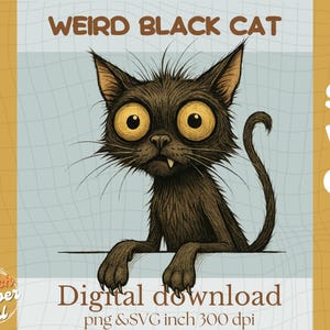 Clipart de chat noir étrange et laid, chat mignon et effrayant avec une dent, chat grincheux d'Halloween PNG | Téléchargement numérique 300 DPI