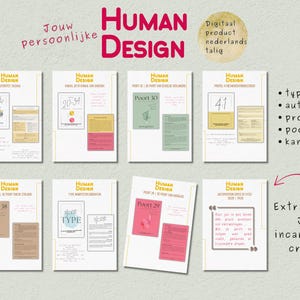 May include: A set of digital Human Design guides with text and graphics in pink, green, and yellow. The title "HUMAN DESIGN" is in red. Additional text includes "Jouw persoonlijke" and "Extraatje: Je incarnatie cross." The guides are in Dutch.
