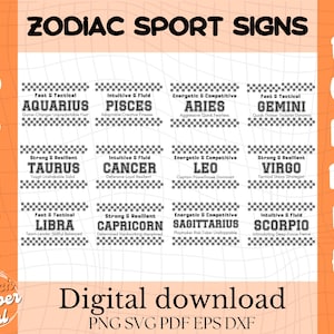 Conception de sport du zodiaque PNG, SVG, police de sport signes astrologiques imprimables, impression puissante du zodiaque sportif, horoscope d'anniversaire png, svg, pdf, eps, dxf