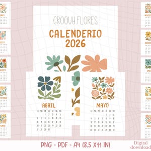カレンダーリオ インプリミブル デ フローレス 2026 |カレンダーリオ ミニマリスタ | Planificador de Pared Floral y Limpio | プランニフィカドール デ パレッド フローラル イ リンピオデジタルダウンロード | PNG PDF