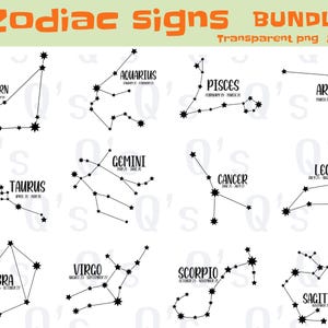 Ensemble SVG Constellation du Zodiaque – Décoration murale astrologique minimaliste – Signes du Zodiaque style tatouage, Signes du Zodiaque pour Cricut et Sublimation