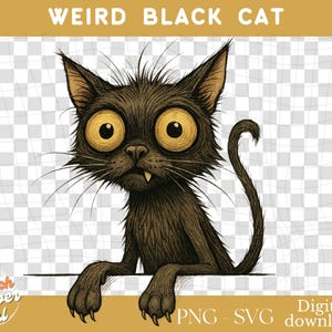 Clipart de gato preto estranho e feio, gato engraçado, assustador e fofo com um dente só, gato mal-humorado de Halloween PNG | Download digital em 300 DPI