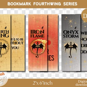 Op de afbeelding: Set van drie bladwijzers uit de Fourth Wing-serie, elk ongeveer 5 x 15 cm groot. De bladwijzers hebben een draakafbeelding en tekst. Het kleurenschema omvat goud, rood en grijs, met de titels "Fourth Wing", "Iron Flame" en "Onyx Storm".