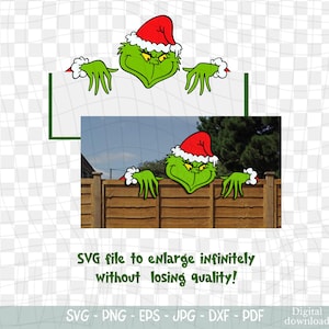 Peut inclure: Un fichier SVG numérique représentant un personnage de dessin animé vert portant un bonnet de Père Noël rouge, regardant par-dessus une surface. Les mains du personnage ont une bordure blanche. Le texte "SVG file to enlarge infinitely without losing quality!" est inclus.