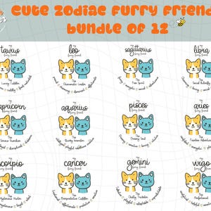 Kawaii Zodiac Cat & Dog Design, Cute Astrological Outline printable png, Animal Astrology Bundle png  SVG