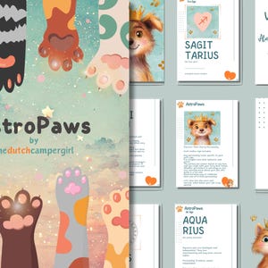 Op de afbeelding: AstroPaws door thedutchcampergirl. De afbeelding toont astrologieprints met een huisdierthema. De prints bevatten illustraties van dieren met kronen, potenafdrukken en dierenriemtekens. Het kleurenpalet bevat tinten blauw, oranje en bruin.