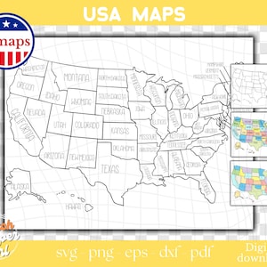 Map USA |  Roadmap USA | colouring sheet | salestracker png | instant download png svg pdf eps dxf | School Education