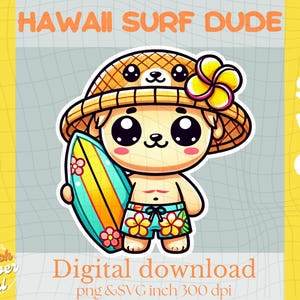 Kawaii Hawaii Surf Boy PNG SVG | Cute Beach Clipart | Tropical Cartoon Character for Kids Shirts, Stickers & Sublimation