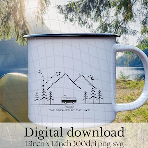 Camper and Mountains with Zodiac Constellation png, Van Life  Astrology Outline Art printable, Peak Mountains Zodiac StarSign For Camper SVG