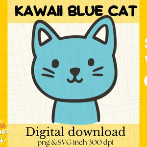 Kawaii Blue Cat SVG PNG | Cute Blue Cat Clipart for Cricut, Stickers & Kids Shirts | Digital Download Line Art