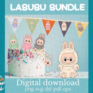 Conjunto de clipart Kawaii Labubu desenhado à mão | Download digital fofo | Arte para impressão para scrapbooking, adesivos, cartões, artesanato e aniversários infantis
