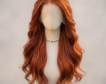 Peluca larga ondulada color jengibre cobrizo con encaje frontal / Cabello sintético voluminoso y resistente al calor estilo glamuroso