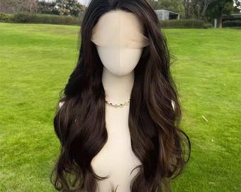 Parrucca frontale in pizzo color cioccolato, lunga e ondulata: capelli sintetici resistenti al calore
