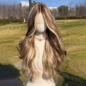 Long Wavy Lace Front Wig: Brown Blonde Platinum Highlight, Heat Resistant