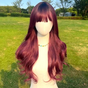 Long Wavy Dark Red Wig with Bangs: Heat Resistant Synthetic Cosplay Wig