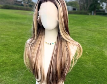 Peluca frontal de encaje negro degradado rubio liso: cabello sintético resistente al calor