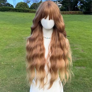 Long Wavy Brown Wig with Bangs: Glueless Synthetic Hair, Heat Safe