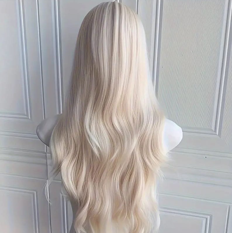 Perruque Longue Synthétique Blonde Platine - Racine Foncée, Frange Lisse - Taille M