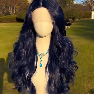 Long Wavy Dark Blue Lace Front Wig, Synthetic Goth Wig, Halloween Edition, Blue Wig