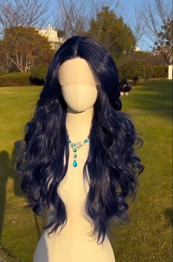 Long Wavy Dark Blue Lace Front Wig: Synthetic Halloween Goth  display picture 1