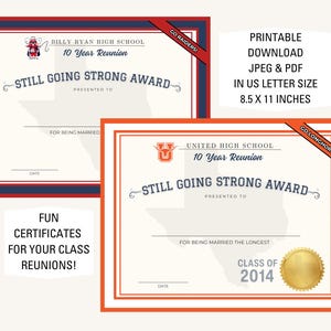 May include: Two printable certificates for a 10 year high school reunion. The certificates are red, white and blue with a gold seal. The text on the certificates reads "Still Going Strong Award".