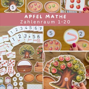 Op de afbeelding: Educatieve rekenset met kaarten met appelthema, houten manden, bomen en cijfertegels. De set bevat illustraties van rode en groene appels, wormen en rekenkundige symbolen. De tekst op de afbeelding luidt APFEL MATHE Zahlenraum 1-20.