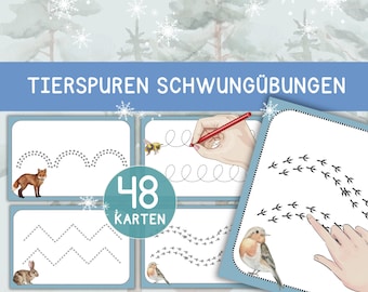 May include: A set of 48 winter animal track tracing cards. The cards feature a variety of animals, including a fox, a rabbit, a bee, and a robin. Each card has a dotted line that children can trace with a pencil or crayon. The cards are designed to help children develop their fine motor skills and hand-eye coordination.