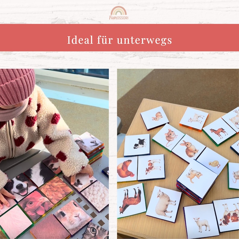 Puede incluir: Un conjunto de baldosas cuadradas con ilustraciones de animales que incluyen un perro, un pollo, un conejo, una oveja y un caballo. Las baldosas tienen bordes coloridos y se muestran en una colecci&oacute;n, algunas apiladas y otras extendidas.