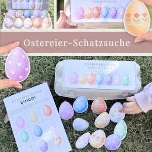Peut inclure: Des découpes d'œufs de Pâques colorées avec divers motifs, dont des fleurs et des cœurs. L'image présente également un carton à œufs avec des illustrations d'œufs assorties et une carte de bingo. Le texte "Ostereier-Schatzsuche" est visible.