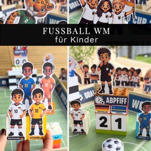 Puede incluir: Un conjunto de recortes de papel con temática de fútbol que incluye personajes de dibujos animados, árbitros y jugadores con diversas camisetas nacionales. Incluye bloques con el texto ABPFIFF, banderas y un gráfico de balón de fútbol.
