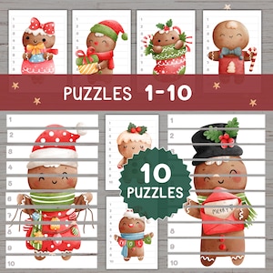 Number Sequence Puzzle Gingerbread Men Numbers 1-10 Counting Montessori Toddler Activity Preschool Game Christmas Winter PDF Download