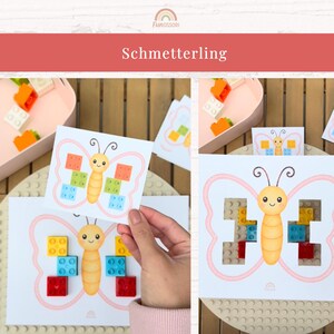 May include: Educational butterfly-themed cards with colorful building blocks. The cards feature a butterfly outline with spaces for blocks, and a smiling cartoon butterfly. The word "Schmetterling" is displayed.