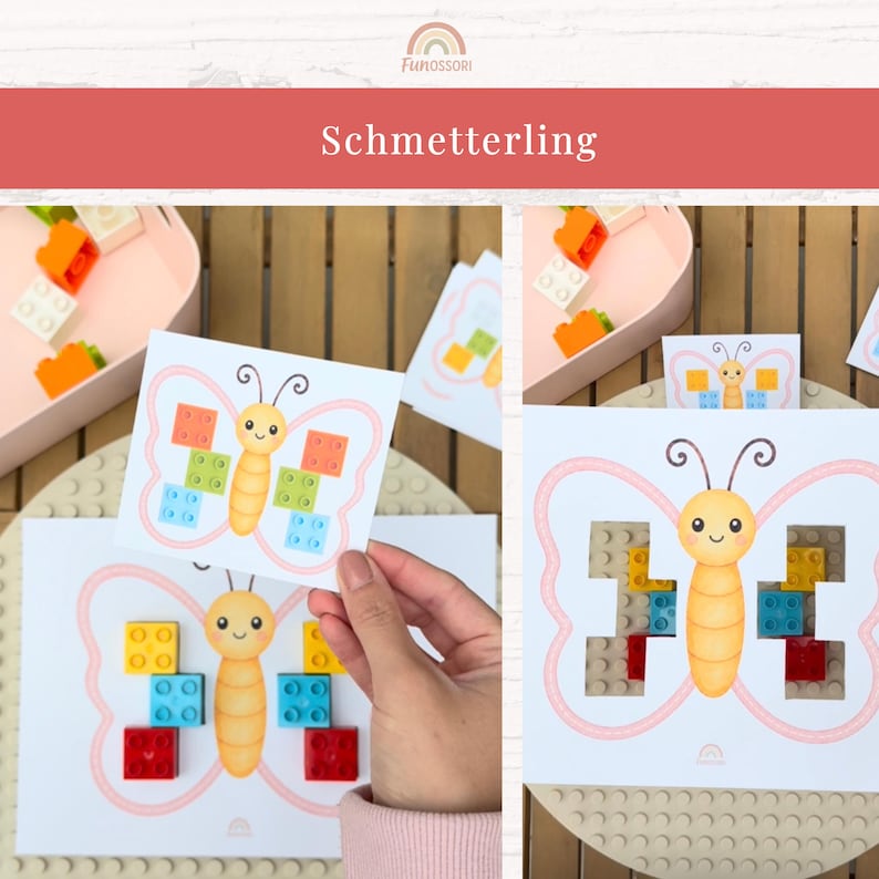 May include: Educational butterfly-themed cards with colorful building blocks. The cards feature a butterfly outline with spaces for blocks, and a smiling cartoon butterfly. The word "Schmetterling" is displayed.