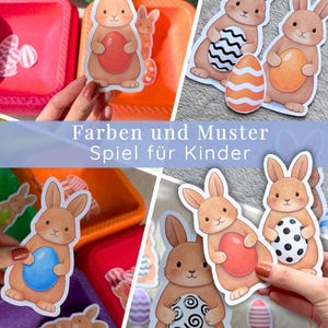 Könnte beinhalten: Eine Collage von Ostern-Aufklebern mit Cartoon-Hasen, die dekorierte Eier halten. Die Aufkleber sind in verschiedenen Farben, darunter Orange, Blau und Weiß. Der Text "Farben und Muster Spiel für Kinder" ist über dem Bild zu sehen.