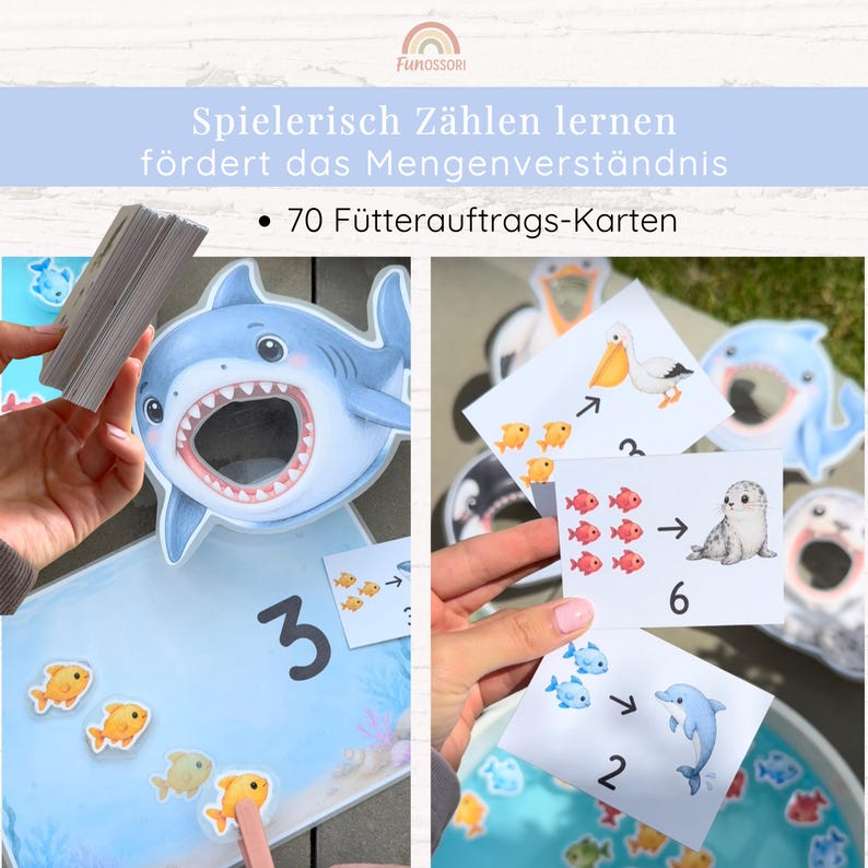 May include: A set of educational counting cards featuring 70 feeding task cards with illustrations of marine animals like sharks, pelicans, and seals. The cards display numbers and corresponding quantities of fish to help children learn basic math skills.