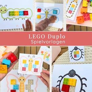May include: A collection of colorful LEGO Duplo Spielvorlagen cards featuring insect and butterfly designs. Each card has a corresponding arrangement of LEGO blocks. The cards are on a light-colored surface, with LEGO blocks scattered around.