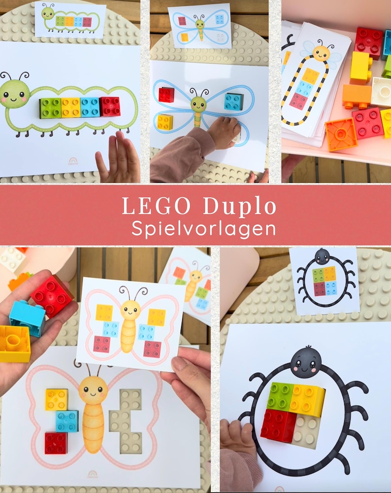 May include: A collection of colorful LEGO Duplo Spielvorlagen cards featuring insect and butterfly designs. Each card has a corresponding arrangement of LEGO blocks. The cards are on a light-colored surface, with LEGO blocks scattered around.