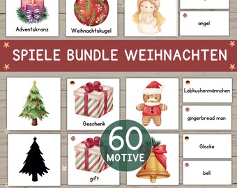 Christmas Game Bundle Memory Shadow Picture Cards Matching Game German English Words Learning Reading Toddler Child Family Play Fun