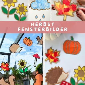 Peut inclure: Une collection de décorations de fenêtre en papier représentant des tournesols, un nuage de pluie, une feuille d'érable, une citrouille, un hérisson, un champignon, un écureuil et un renard. Le texte HERBST FENSTERBILDER est écrit en blanc sur une bannière rose.