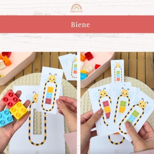 May include: A set of bee-themed cards with a colorful block design. The cards feature a cartoon bee illustration and the word "Biene" in a red banner. Colorful building blocks are visible in the background.