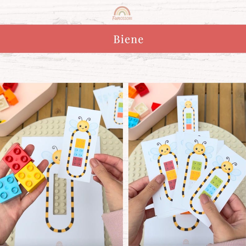 May include: A set of bee-themed cards with a colorful block design. The cards feature a cartoon bee illustration and the word "Biene" in a red banner. Colorful building blocks are visible in the background.
